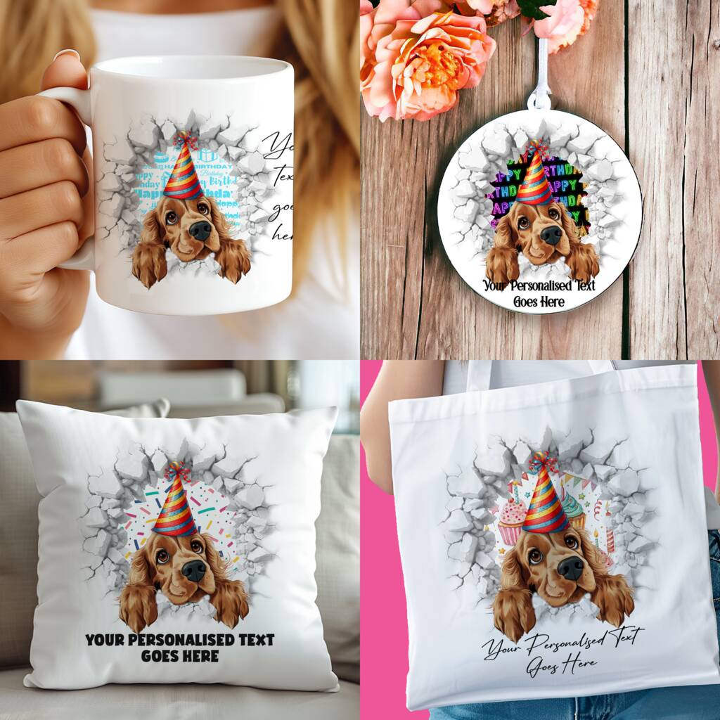 Personalised Cocker Spaniel Birthday Break Through Dog, 1 of 8