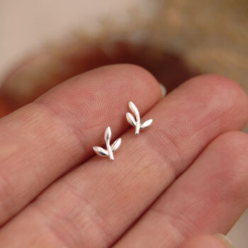 Tiny Leaf Stud Earrings In Silver, 3 of 6