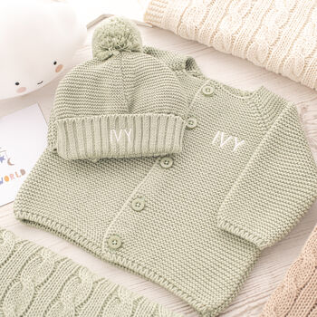 Luxury Grey Bobble Hat And Cardigan Baby Gift Set, 5 of 12