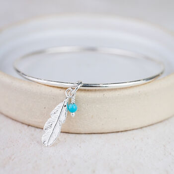 Sterling Silver Feather And Turquoise Charm Bangle, 3 of 4