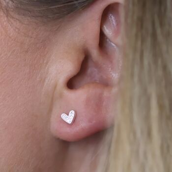 Sterling Silver Cubic Zirconia Heart Stud Earrings, 3 of 8