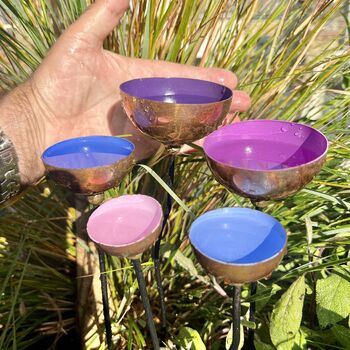 Set Of Five Copper Rain Catchers Pink, Blue, Lilac, Light Blue And Purple Garden Sculptures, 7 of 7
