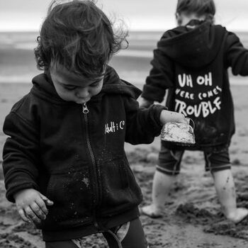 Uh Oh Here Comes Trouble Unisex Kids Zipped Hoodie, 10 of 10