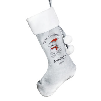 Personalised My 1st Christmas Teddy Bear Print Silver Grey Stocking, 2 of 2