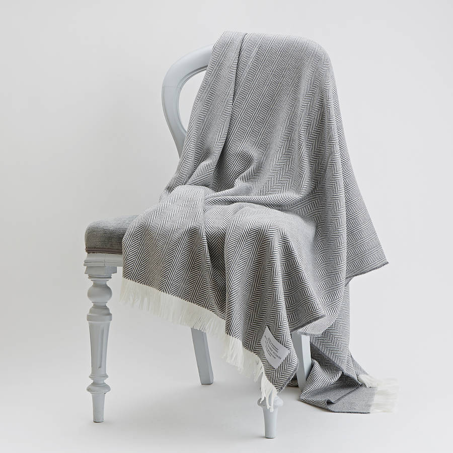 Slate Grey Fine Merino Herringbone Throw By Bottle Green Homes