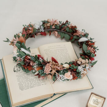 Scarlett Flower Crown Red Wine And Dusky Pink Preserved Wedding Halo, 5 of 5