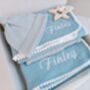 Personalised New Baby Gift Set, Handmade Newborn Blanket And Comforter With Wooden Teether, thumbnail 3 of 8