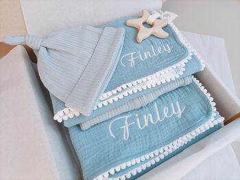 Personalised New Baby Gift Set, Handmade Newborn Blanket And Comforter With Wooden Teether, 3 of 8