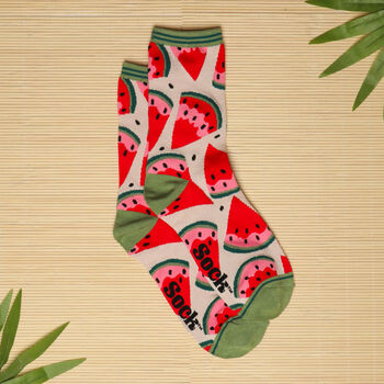 Women's Bamboo Socks Red Green Watermelon, 2 of 6