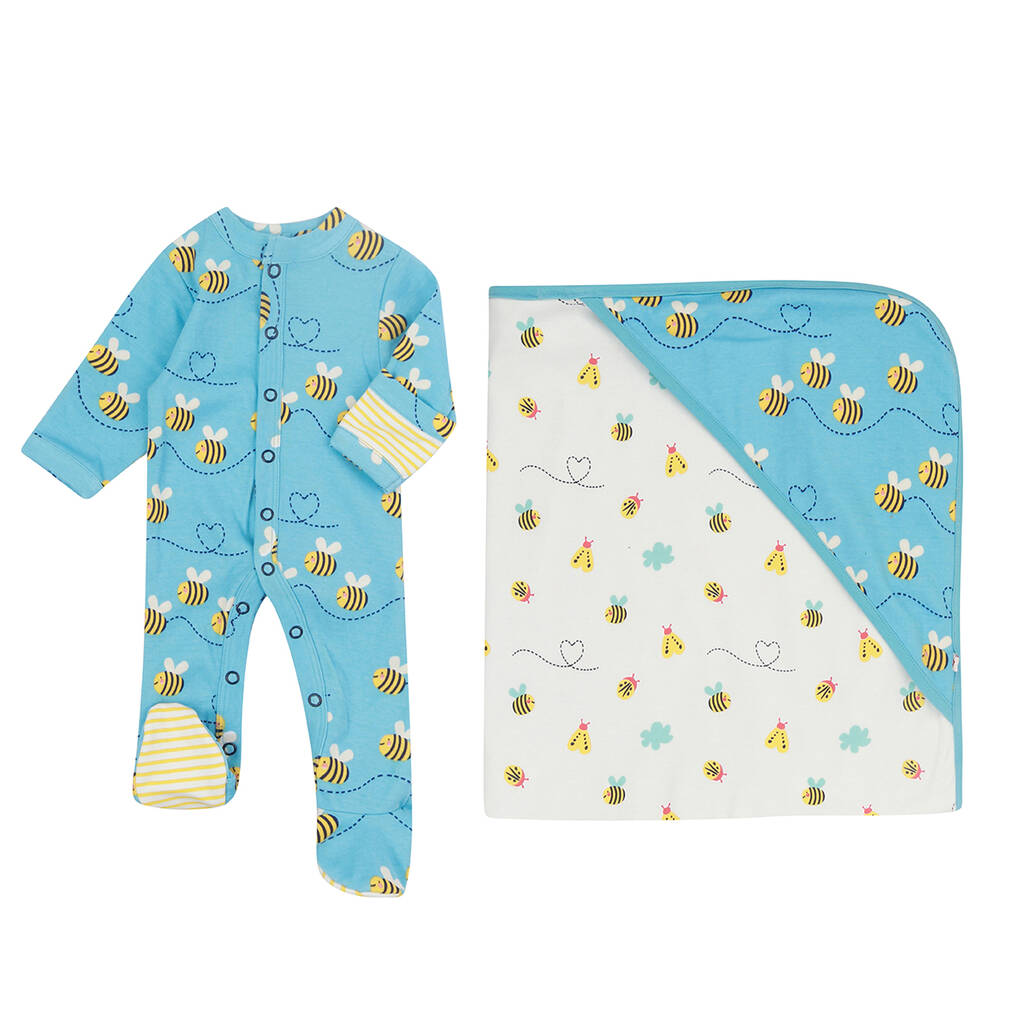 newborn and baby bumblebee sleepsuit and blanket set by piccalilly