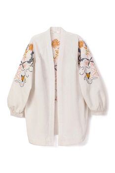 Ecru Embroidered Linen Kimono Jacket, 2 of 6