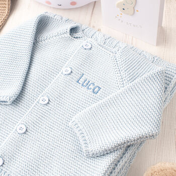Personalised Pale Blue Luxury Cotton Baby Cardigan, 11 of 12