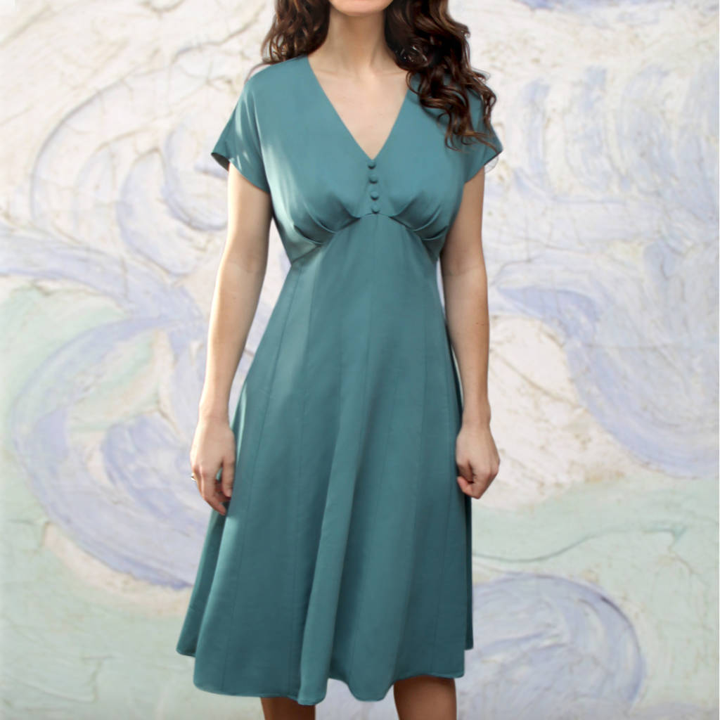 1930's Style Crepe Day Dress In A Venice Blue, 1 of 3
