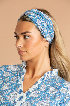 Indian Cotton China Blue Paisley Hair Scarf, 2 of 4