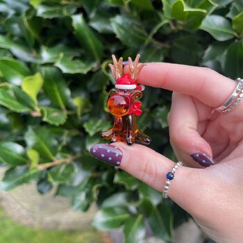 Hand Blown Glass Reindeer With Santa Hat, 3 of 6