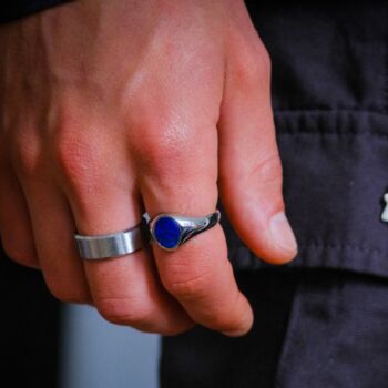 Mens Ring Lapis Lazuli Oval Steel Signet Ring, 7 of 11