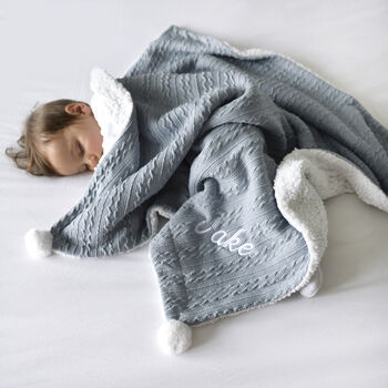 Personalised Dusty Blue Cable Knit Pom Pom Blanket, 2 of 10
