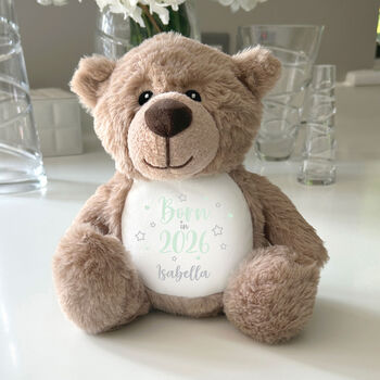 Personalised Born In 2026 Brown Teddy Bear New Baby Arrival Gift, 2 of 7