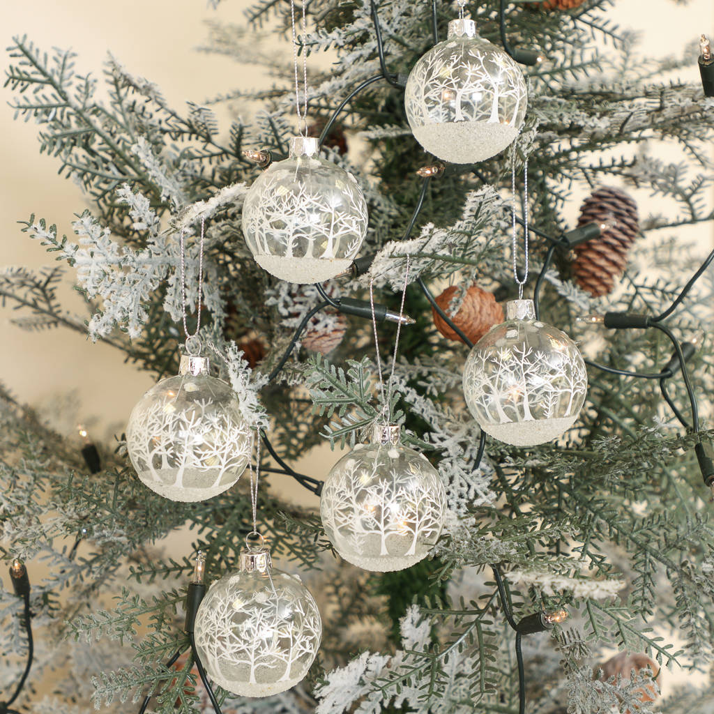 Set Of Six Enchanted Forest Christmas Baubles By Dibor