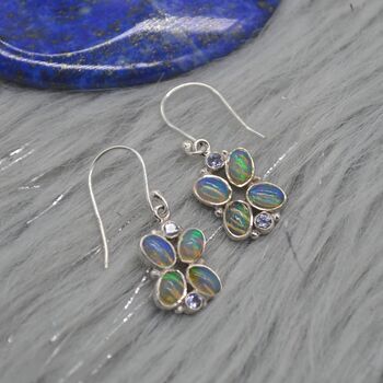 Floral Blue Opal Earrings: Silver, Cubic Zirconia, Dangle Drop, October Birthstone, 4 of 6