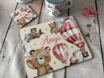 Kids Personalised Pink Teddy Bear Placemat, Coaster And Mug Dinner Set, 7 of 7