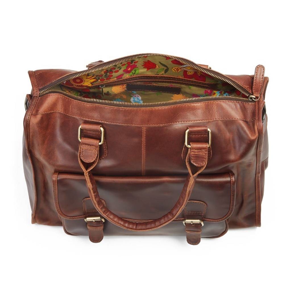 brown leather holdall bag