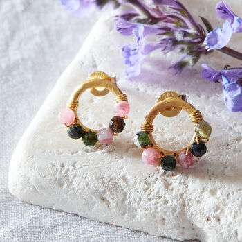 Tourmaline Beaded Gold Plated Silver Circle Earrings, 2 of 9