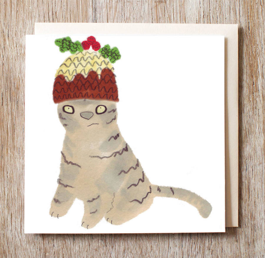 Christmas Cards Pack Of Six Tabby In Pudding Hat By jo clark design