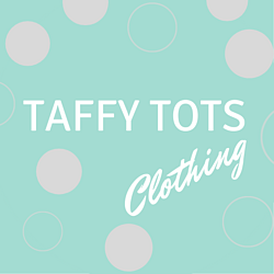 Business logo for Taffy Tots Clothing. White text on turquoise background with grey circles