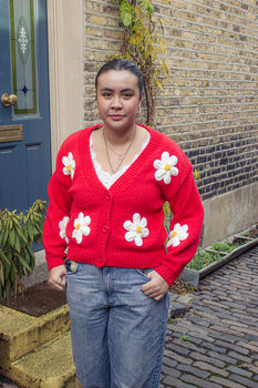 Red Crochet Bobble Applique Relaxed Daisy Cardigan, 6 of 7