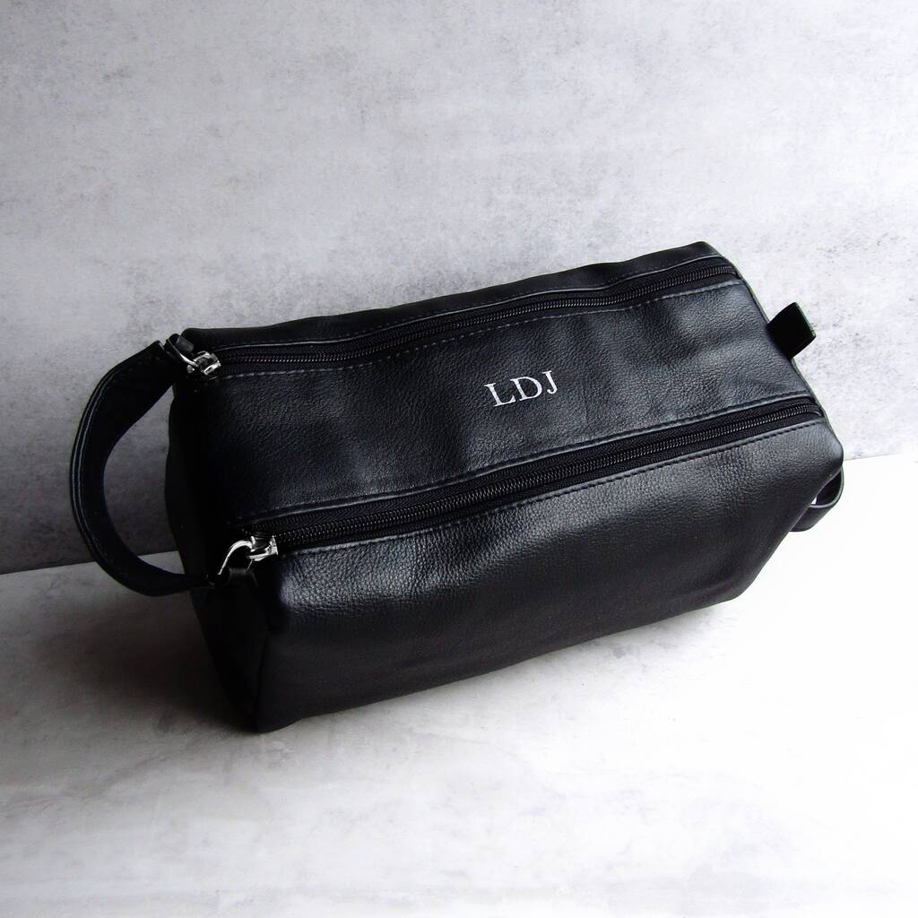Men's Personalised Large Black Leather Wash Bag, 1 of 6