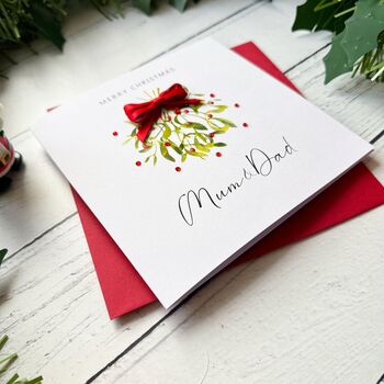 Mum And Dad Mistletoe Christmas Card. Personalised, 3 of 7