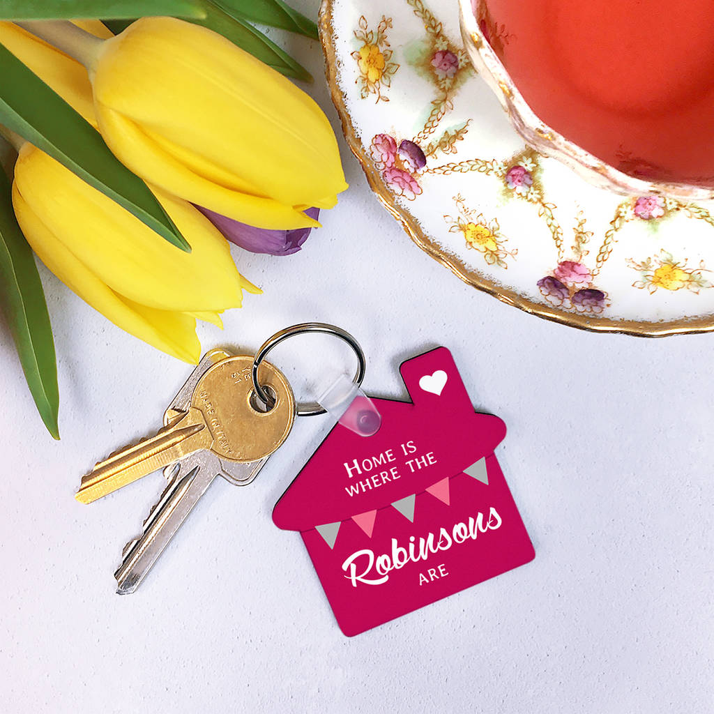 Image of Personalised 'Home Is Where…' Family Keyring, Raspberry/Teal/Grey
