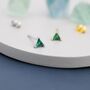 Tiny Emerald Green Cz Triangle Stud Earrings, thumbnail 2 of 10