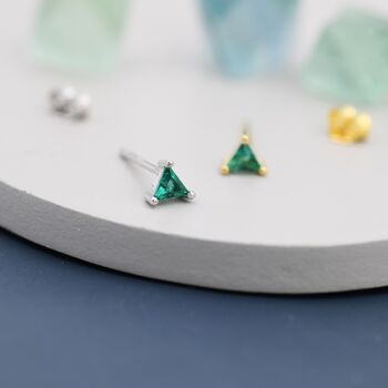 Tiny Emerald Green Cz Triangle Stud Earrings, 2 of 10
