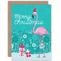 Santa Hat Flamingo Bird Xmas Presents Christmas Card, thumbnail 1 of 4