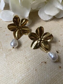 Gold Flower Pearl Drop Earrings, 2 of 6