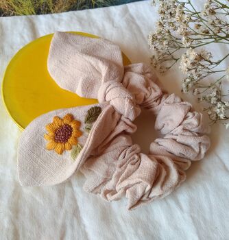 Bunny Bow Linen Scrunchies With Hand Embroidered Flower, 7 of 10