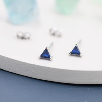 Tiny Sapphire Blue Cz Triangle Stud Earrings, 5 of 10