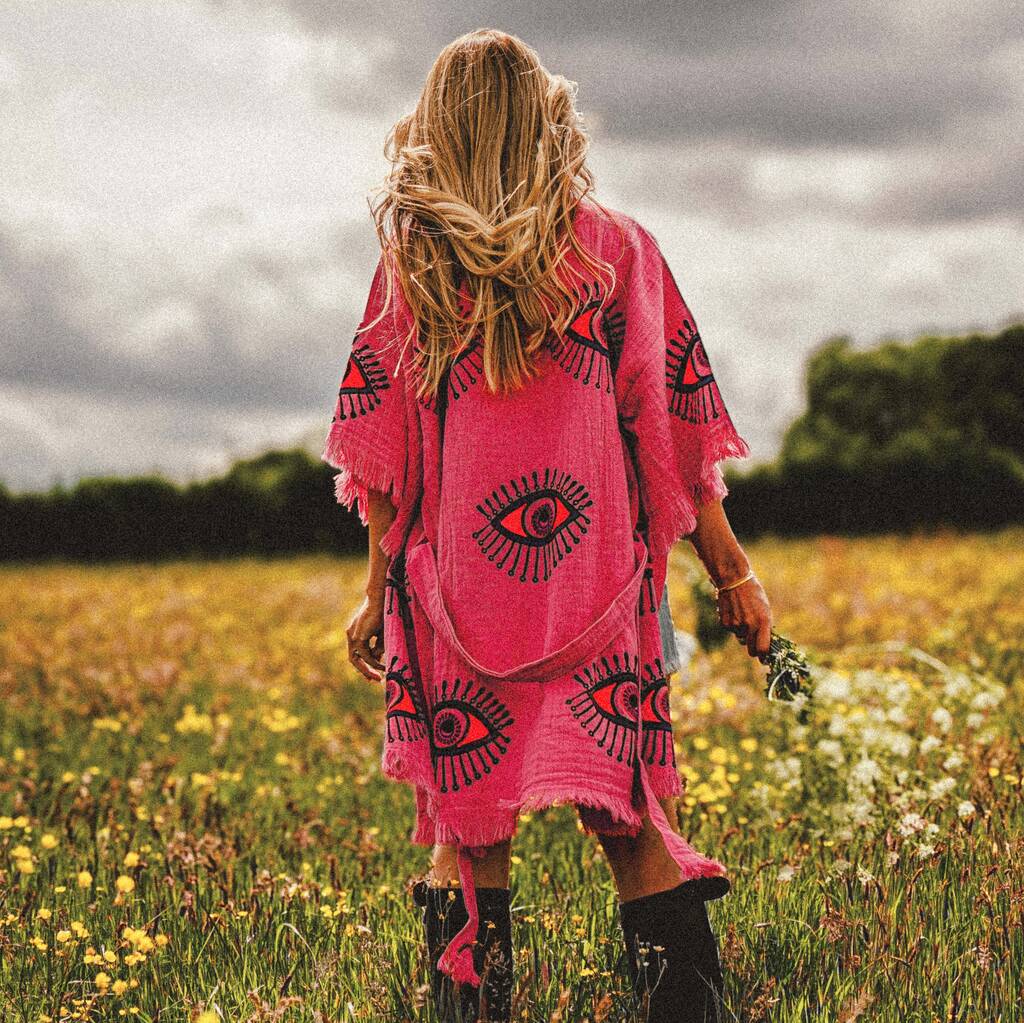 Organic Short Cotton Kimono: Pink Eye, 1 of 2