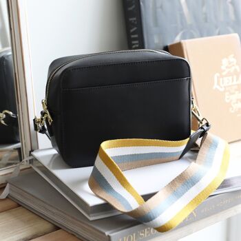 Black Leather Crossbody Bag With Striped Strap, 3 of 7