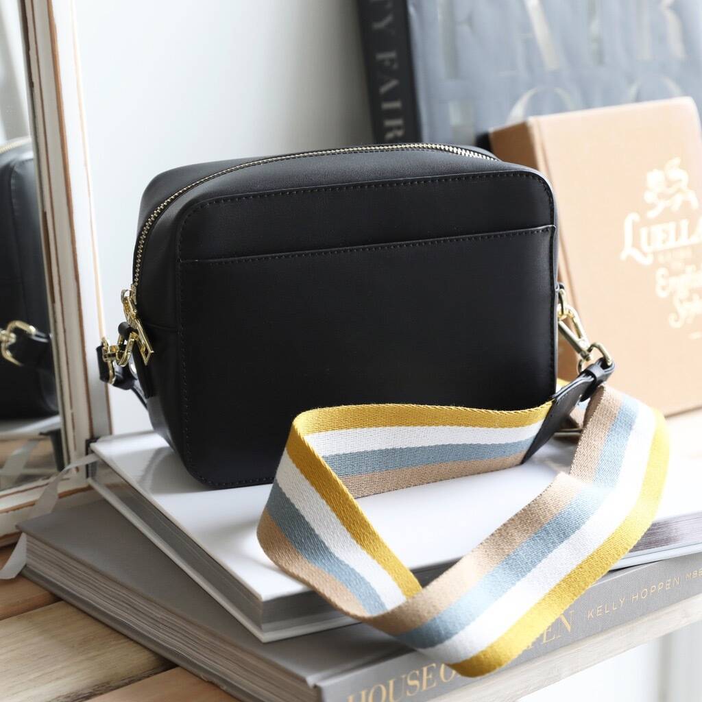 black leather crossbody bag with striped strap by lisa angel | 0