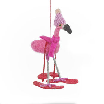 Handmade Felt Skiing Flamingo Christmas Decoration, 2 of 6