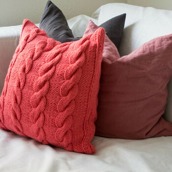 Hand Knit Chunky Cable Stitch Cushion In Salmon Pink, 3 of 5
