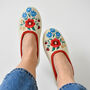 Cream Wool Ballerina Slippers/ Red Trimming/ Flower Pattern/ Folk Slippers, thumbnail 1 of 7