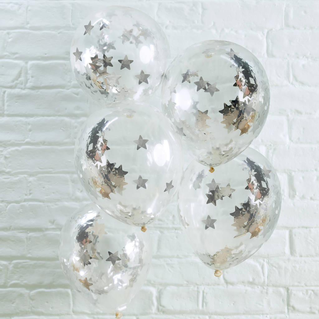Pack Of Five Silver Star Confetti Clear Party Balloons, 1 of 2
