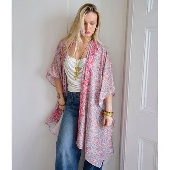Pastel Floral Viscose Kaftan Jacket With Heavy Pink Ombre Fishbone Embroidery, 3 of 7