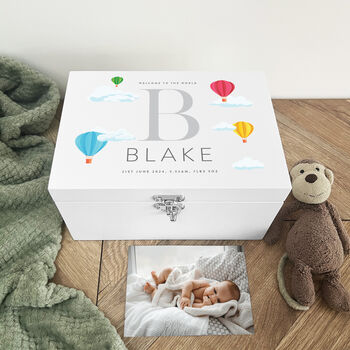 Personalised Hot Air Balloon Baby White Keepsake Box Three Sizes, 2 of 7