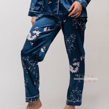 Blue Printed Soft Satin Long Sleeve Luxury Pyjama Set, 2 of 9