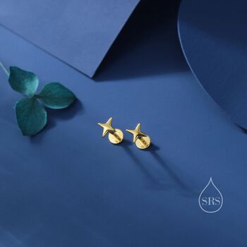 Four Point Star Internally Threaded Flat Back Earrings In Sterling Silver, 6 of 11